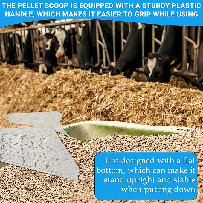Clear Plastic Feed Scoop with Measurement Markings, Durable Sturdy Handle, Reusable Pellet Scoop for Horse Goat Sheep Cattle Stable Feeding, Large