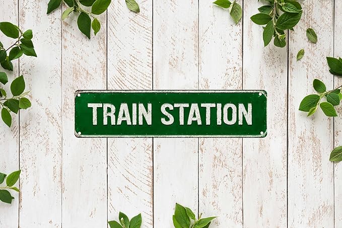 Train Station Metal Sign 4x16in Vintage Street Plaque for Office Living Room Hallway Indoor House Wall Decor