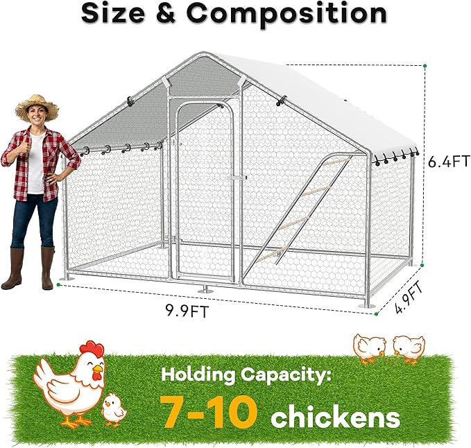 Large Metal Chicken Coop with Roosting Perch, UV-Resistant and Waterproof Cover, Chicken Run Outdoor Walk-in Cage Rabbit Duck Hen House for Yard Farm Use Spire Roof (10’ W x 4.9’ L x 6.4’ H)