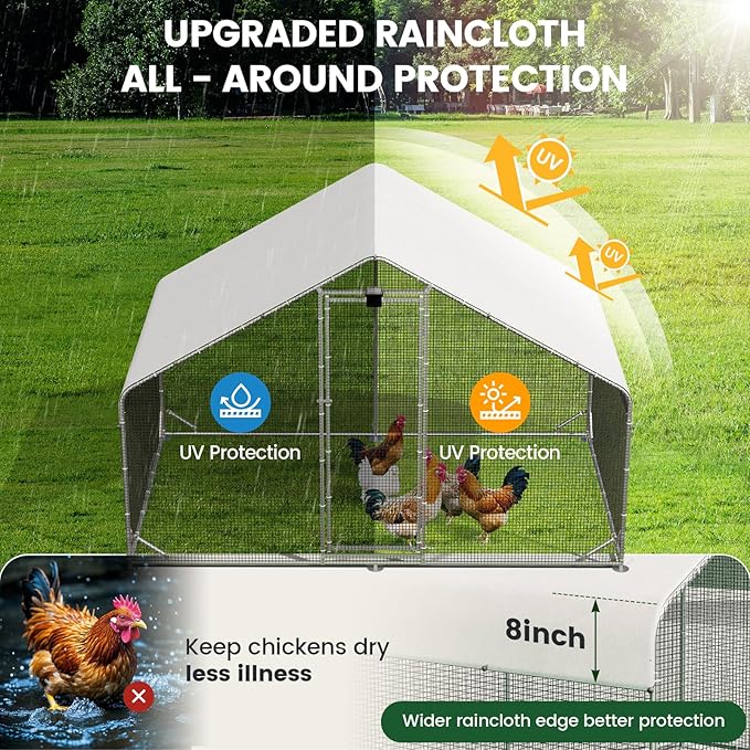 Large Walk-in Metal Chicken Coop with Chicken Run & Hardware Cloth, Solar Light, Waterproof & UV-Resistant Cover, Outdoor Poultry Cage for Farm Use