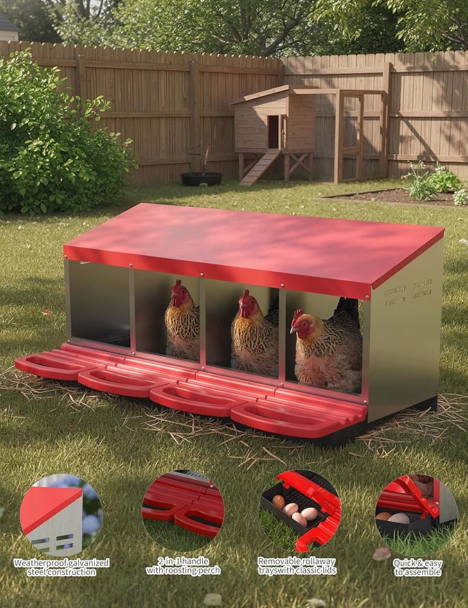 Chicken Nesting Boxes, 4 Hole Metal Rollaway Nest Box for Laying Hens with Cleanable Pull-Out Trays Wall Mount or Placed Design for Easy Egg Collection & Cleaning