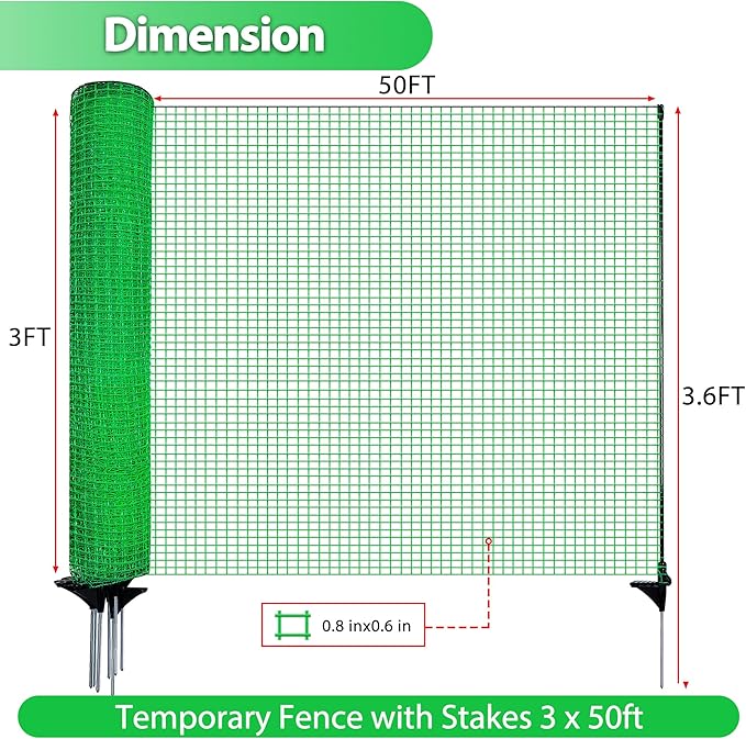 Temporary Fence with Posts, 3'x50' Plastic Fencing Garden Fence Animals Barrier with Fiberglass Stake Windbreak Rope, Portable Snow Fences, Fencing for Dogs Outdoors Backyard (Green)