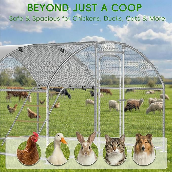 Large Metal Chicken Coop with Roosting Perch, Waterproof and UV-Resistant Cover,Outdoor Walk-in Cage Hen House for Yard Farm Rabbit Duck Chicken Run Dome Roof (10’ W x 13.2’ L x 6.4’ H)