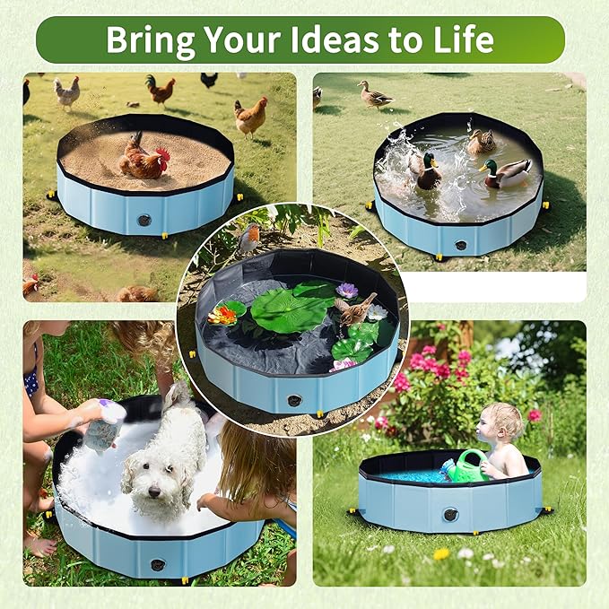 Chicken Dust Bath Tub - 32"D & 8"H Foldable Chicken Coop Accessories to Mix Sand Chilli DE Or Lime Dust in Chicken House, Keep Poultry Hens, Rooster, Button Quail Healthy & Clean, Double as Duck Pool