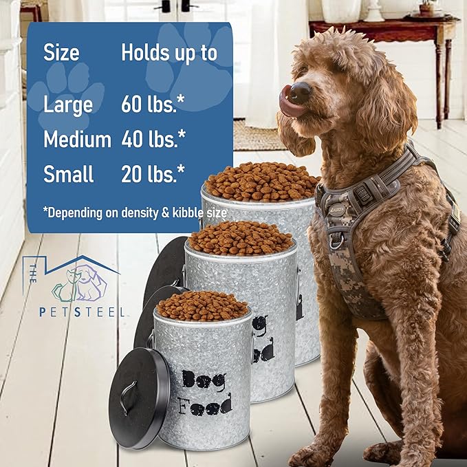 Medium 30lb Cat & Small 20lb Dog Pet Food Storage Canister with Scoop – Durable & Airtight for Freshnesss, Minimalist Design & Recyclable, Medium Metal Container(Combo - Small Dog Bin & Med Cat Bin)