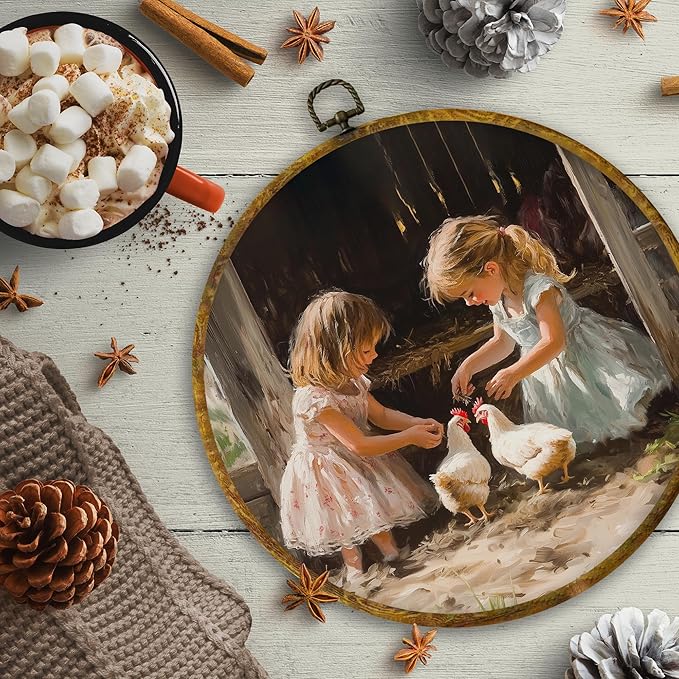 CUANFDDSF Vintage Farmhouse Girl and Chickens Round Wall Art, Rustic Cottagecore Kitchen Framed Hanging Wall Decor, Country Animal Scene Canvas Prints Decorations for Farm House Room, 10x10 Inch