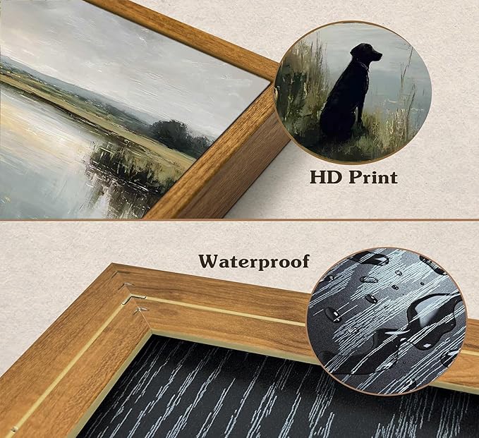 Framed Vintage Black Labrador Wall Art Farmhouse Landscape Canvas Poster Print Hunting Black Dog Picture Retro Animal Painting Artwork Wall Decor for Bedroom Living Room Bathroom 8x10in