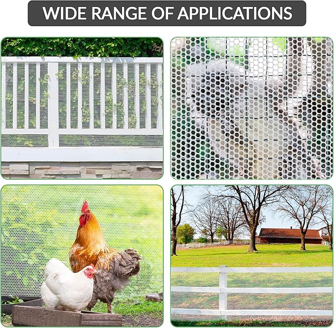 QueenBird Upgraded Plastic Chicken Wire Fence Mesh - 15.7IN x 10FT- Black/Green/White Colors - Hexagonal Fencing for Gardening - Poultry Netting, Floral Netting, Plastic Chicken Wire Mesh Roll (White)