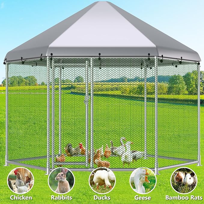 HITTITE Large Metal Chicken Coop with Run, 13.2 x 11.4 x 8.6 ft Walk in Poultry Cage Chicken Run Pen, Hexagonal Roof Outdoor Chicken Runs for Yard with Waterproof & Anti-UV Cover