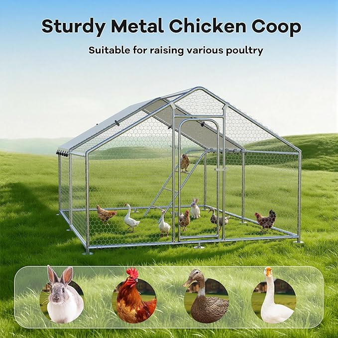 Large Metal Chicken Coop with Roosting Perch, Waterproof and UV-Resistant Cover, Outdoor Walk-in Cage Hen House for Yard Farm Rabbit Duck Chicken Run, Spire Roof (10’ W x 13.2’ L x 6.4’ H)