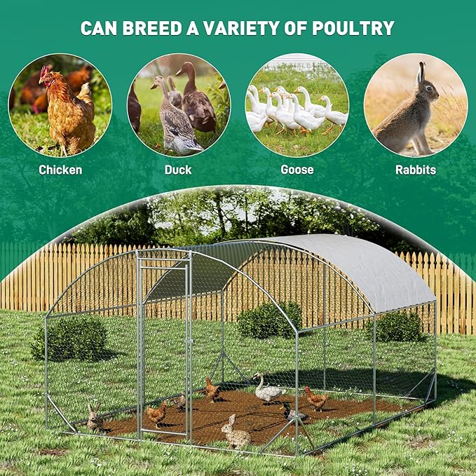 OUYESSIR Outdoor Metal Chicken Coop, Large Walk-in Chicken Run Pen with Waterproof Cover, Rabbit Habitat Dome Roof Dome Poultry Cage for Backyard Farm Use (10'W x 13'L x 6.5'H)