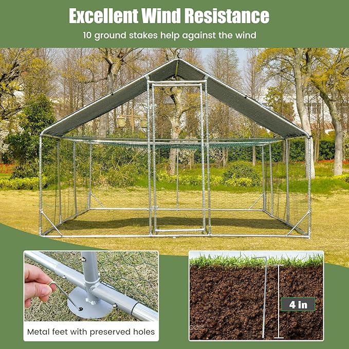 Giantex 20ft Large Metal Chicken Coop, Walk-in Chicken Run Poultry Cage, Waterproof and Sun-Proof Cover, Galvanized Steel Frame, Hen Duck Rabbit House Outdoor Farm Yard (20 x 10 ft, Half Spire)