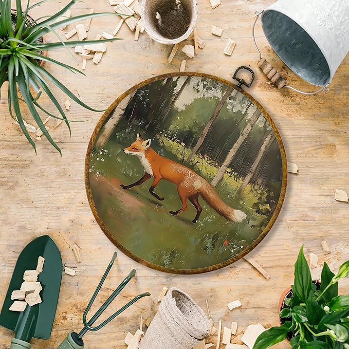 Hiuwevt Rustic Forest Fox Round Wall Art Decor, Nature Woodland Fox Hanging Canvas Prints Artwork Framed, Mild Wildflower Grass Wild Animal Circular Wall Decor for Home Bedroom, 10x10 Inch