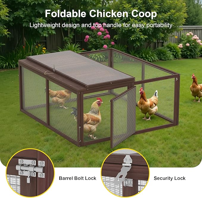 GOJOOASIS Wooden Chicken Coop Pen Folding Rabbit Run Portable Chicken Cages for Outside Chicken Enclosure Outdoor Duck Coop with 2 Accesses & Ventilating Wire for Garden Backyard (Carbonized Wood)