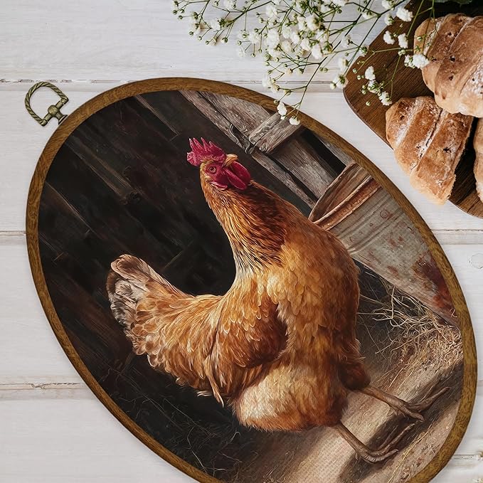 WULQYING Vintage Farmhouse Chicken Wall Art Decor, Rustic Country Chicken Oval Framed Canvas Art Prints, Retro Cottagecore Farm Animal Wall Hanging Decor for Home Bedroom Living Room, 8.6x11.4 Inches