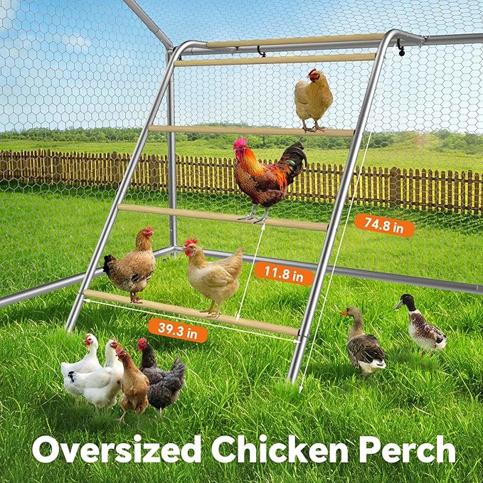 Large Metal Chicken Coop Run with Roosting Perch, Outdoor Poultry Cage with Heavy Duty Wire Mesh and UV-Resistant Cover for Chickens Use, Spire Roof (8.9'W x11.8'L x 6.6'H)