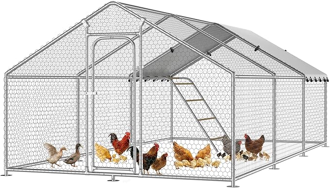 Large Metal Chicken Coop with Roosting Perch, Chicken Hen Run Poultry Cage with Water-Resident Cover for Rabbit Duck House Walk-in Chicken Pen for Yard, Spire Roof(10’ W x 19.7’ L x 6.4’ H)