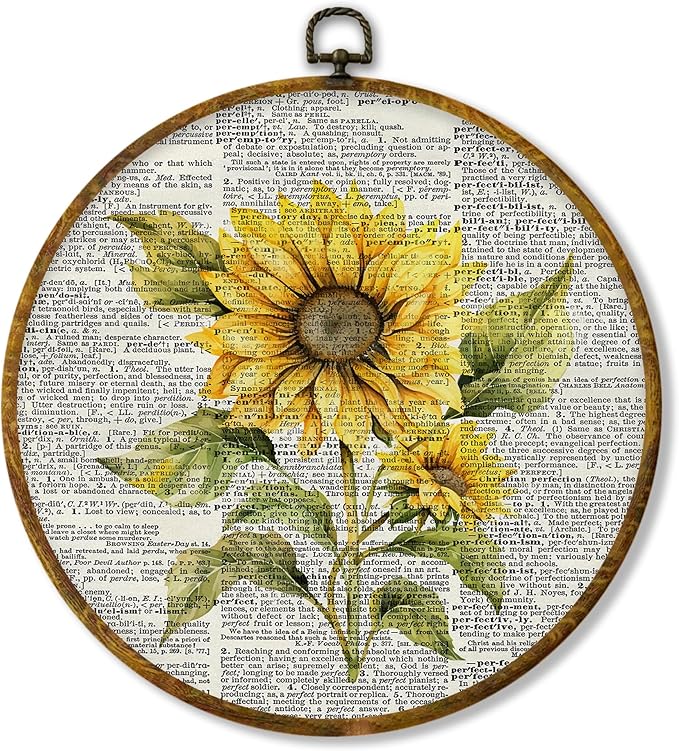 Hiuwevt Vintage Flower Round Wall Art, Rustic Floral Wall Decor, Retro Summer Yellow Floral Hanging Canvas Prints Walls Decorations for Farmhouse Home Bedroom Living Room, 10x10 Inch