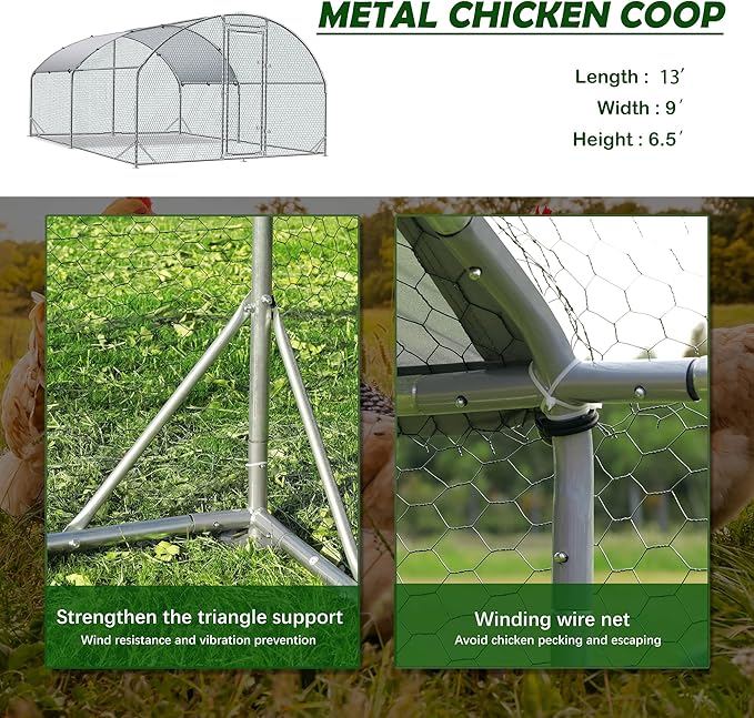 Large Metal Chicken Coop Upgrade Tri-Supporting Wire Mesh Chicken Run,Chicken Pen with Water-Resident and Anti-UV Cover,Duck Rabbit House Outdoor(9'W x 13'L x 6.5'H)