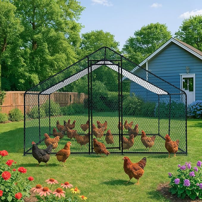 VINGLI Large Metal Chicken Coop, 13.1x9.8x6.5 ft Poultry Cage for Chicken Run, Walk-in Chicken Pen with Waterproof & Anti-UV Cover for Yard Outdoor (Black-Spire Roof)