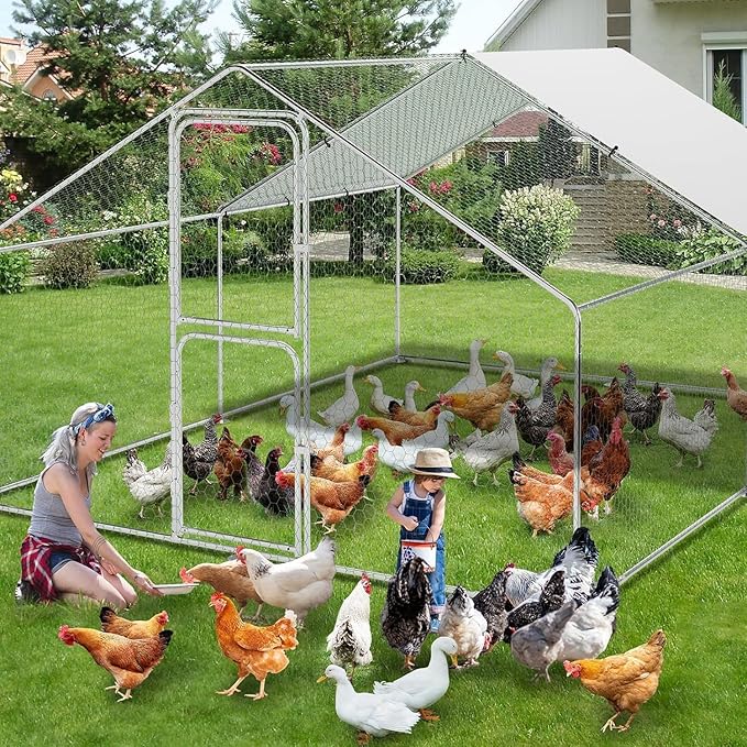 Large Metal Chicken Coop, Walk-in Poultry Cage, Chicken Run Pen House with Waterproof & Anti-Ultraviolet Cover Chicken Coop Run with Double Lockable Doors for Outdoor and Backyard 9.8 x 13.1X 6.6ft