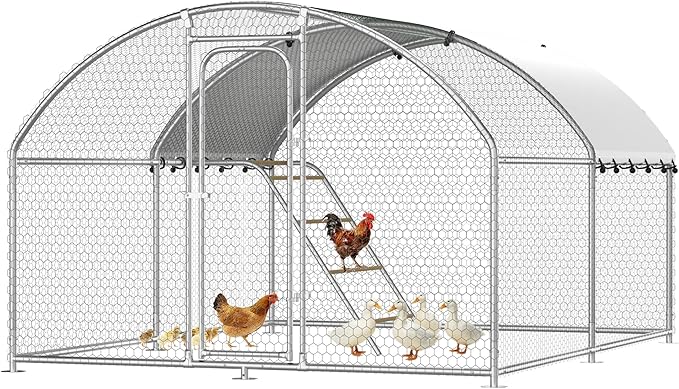 Large Metal Chicken Coop with Roosting Perch, Waterproof and UV-Resistant Cover, Outdoor Walk-in Cage Hen House for Yard Farm Rabbit Duck Chicken Run Dome Roof (10’ W x 13.2’ L x 6.4’ H)