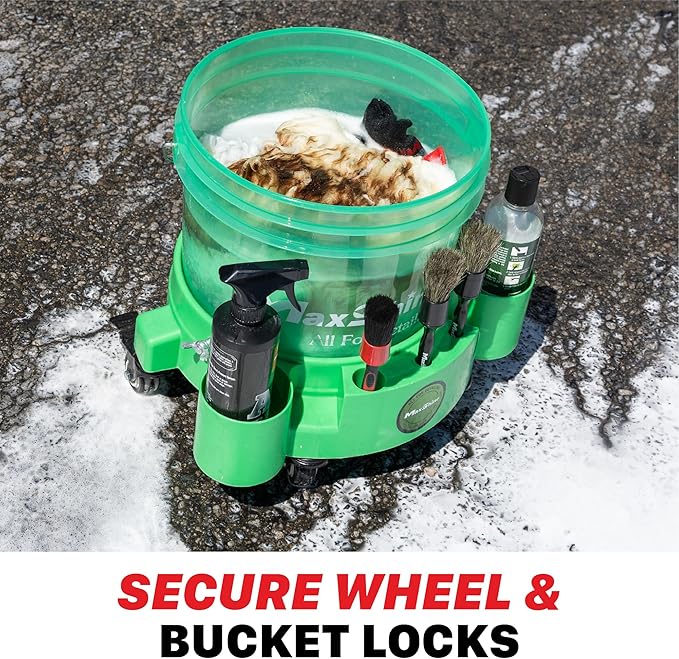 Maxshine Universal Rolling Bucket Dolly (Black) – Heavy-Duty Polypropylene with 5 Swivel Wheels, 5 Bottle & Brush Holders – Secure Fit, Spill-Free Design for Car Wash & Auto Detailing Organization