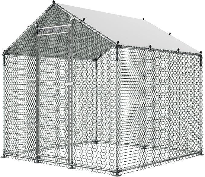 VEVOR Metal Chicken Coop, 6.56x6.56x6.56ft Large Walk-in Chicken Runs with Cover, Spire Roof Hen House Enclosure with Security Lock, Outdoor Duck Rabbit Cage Poultry Pen for Backyard, Farm, Yard