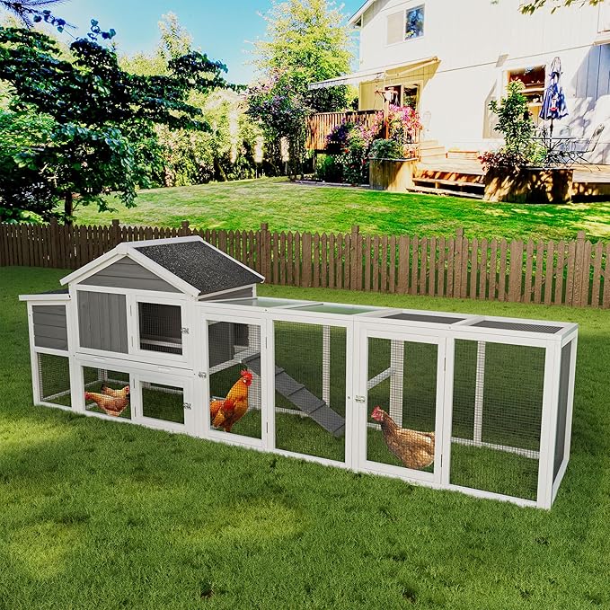 Large Wooden Chicken Coop with Enclosed Run & Nesting Box Outdoor Hen House with Asphalt Roof Removable Tray Ramp Perch Secure Locks for 2–4 Chickens (Gray)