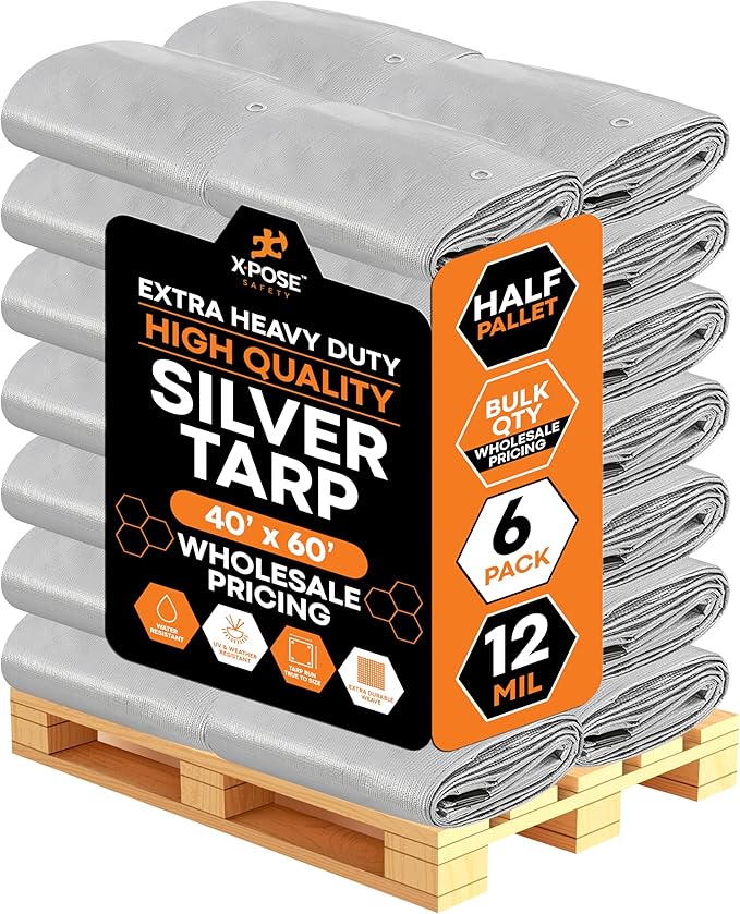 Heavy Duty Silver Poly Tarp 40' X 60' - Bulk Half Pallet (6 Pack) - Multipurpose Protective Cover - Durable, Weather Proof & Tear Resistant - 12 Mil Thick Polyethylene - by Xpose Safety
