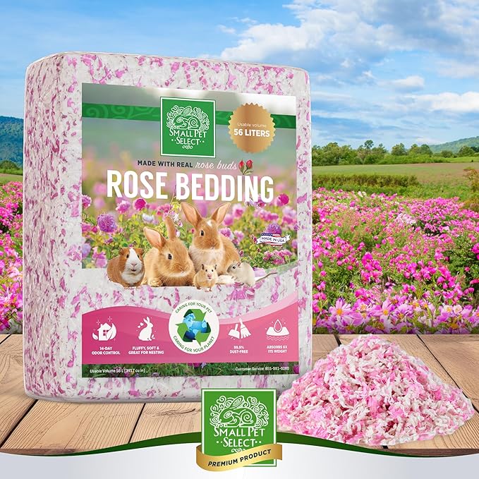 Small Pet Select Rose Bedding, Paper Bedding with Real Rose, Soft Animal Bedding with Odor Control for Guinea Pig, Rabbit, Hamster, or Bunny, Cage Accessories, Made in USA, 56L