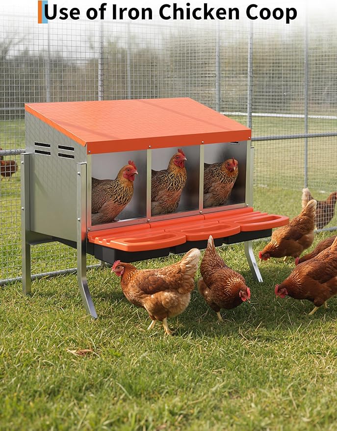 Chicken Nesting Boxes, 3 Hole Metal Rollaway Nest Box for Laying Hens with Cleanable Pull-Out Trays Wall Mount or Placed Design for Easy Egg Collection & Cleaning(Includes Legs)