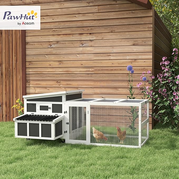 PawHut Wooden Chicken Coop, Chicken Tractor with Large Run for 6 Chickens, Outdoor Poultry Cage Rabbit Hutch Duck Coop Hen House with Nesting Box, Tray, Windows, Dark Gray