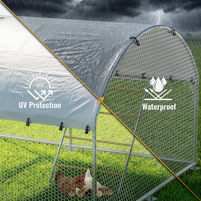 Large Metal Chicken Coop with Roosting Perch, Waterproof and UV-Resistant Cover, Outdoor Walk-in Cage Hen House for Yard Farm Rabbit Duck Chicken Run Dome Roof (10’ W x 13.2’ L x 6.4’ H)