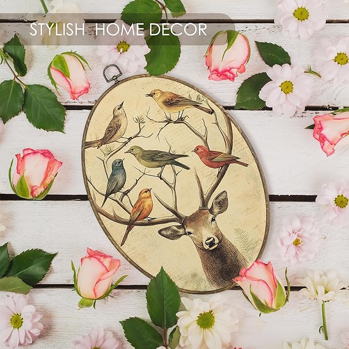 Fewgb Vintage Deer Antlers Birds Oval Wall Art Decor Framed, Reindeer Hunting Canvas Wall Art Prints Picture, Rustic Farmhouse Cottagecore Hanging Room Decor Artwork for Gallery Bedroom 9x12
