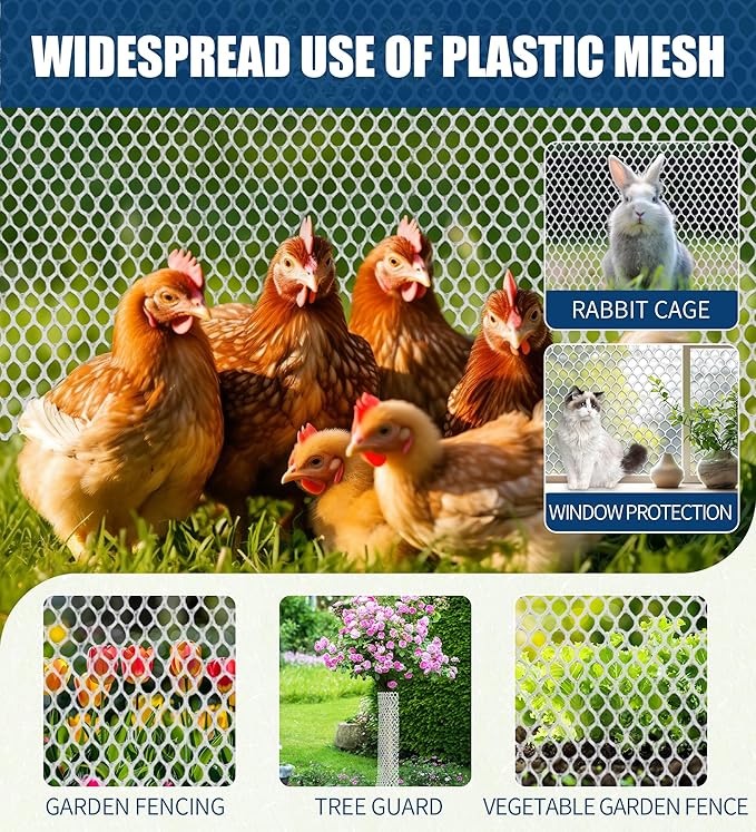 Heavy-Duty 16 inx16.4 ft White Plastic Chicken Wire Mesh, 300GSM Garden Fence with 30 Zip Ties - Flexible Poultry Netting for Balcony Barrier & DIY Crafts