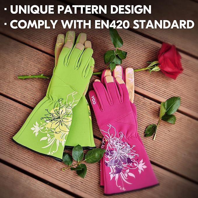 Vgo... 1-Pair Ladies' Synthetic Leather Gardening Gloves, Long Sleeves Gauntlet, Breathable & Grip Work Gloves, High Dexterity, Washable (Size M, Red, SL7445)