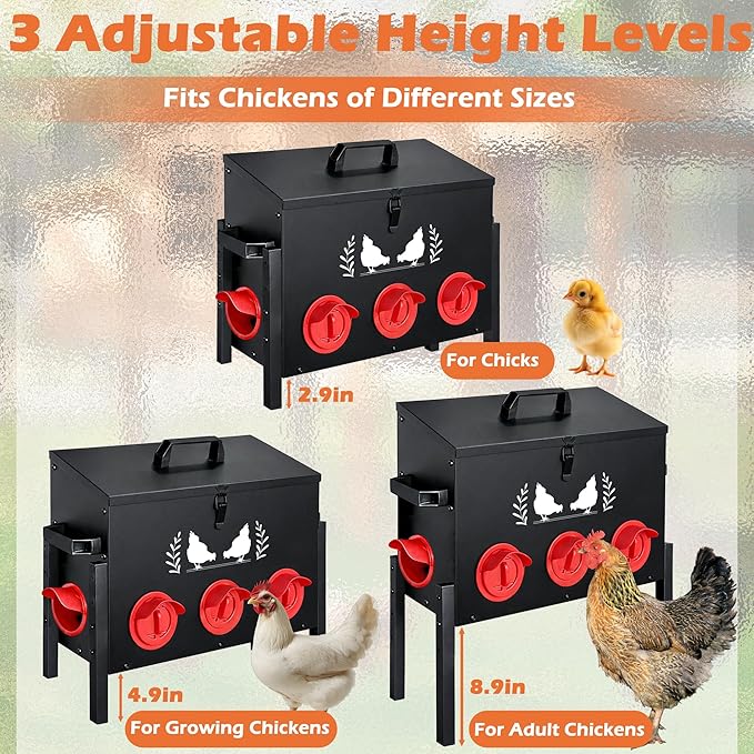 Large Capacity Automatic Chicken Feeder, 8 Port Chicken Feeder, 48LB Metal Chicken Feeders with Locking Lid & Adjustable Legs, No Waste Chicken Feeder, Black