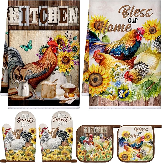 Leinuosen 6 Rooster Sunflower Farmhouse Kitchen Decor Dish Towels Oven Mitts and Pot Holders Sets Chicken Kitchen Towels Absorbent Decorative Accessories for Cooking Baking Grilling