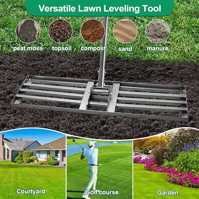 Lawn Leveling Rake, 36"x10" Heavy Duty Leveling Rake for Soil, Sand, Compost, Gravel, Steel Lawn Leveler with Adjustable Handle, Level Yard Tool for Backyard, Garden, Farm, Golf Course