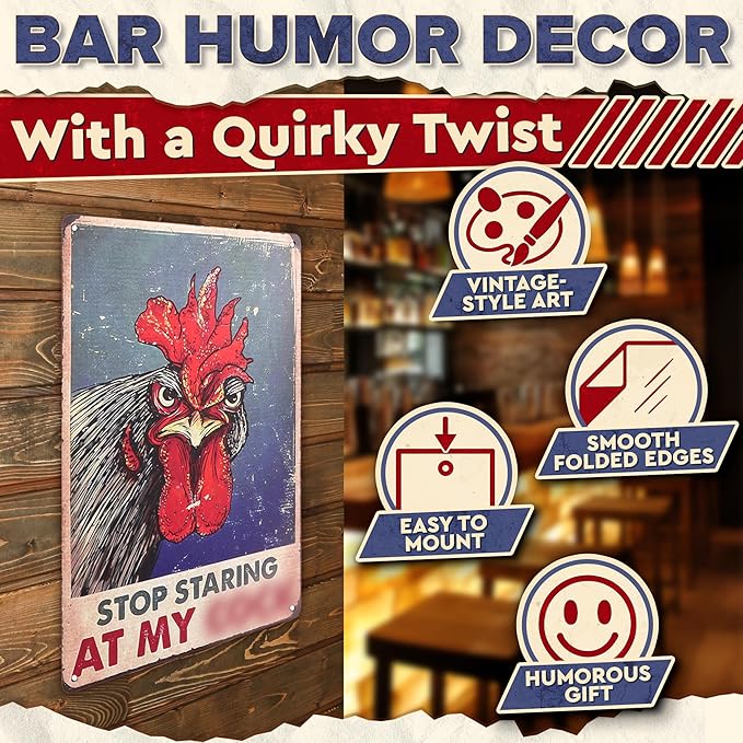 Chicken Coop Signs 8 x 12 Inches – Dont Staring at My Funny Signs, Rooster Decor – Lightweight Durable Tin Metal Wall Decor for Bathroom, Fade-Resistant, Easy to Install, Indoor/Outdoor Use | Decorative and Practical Gift