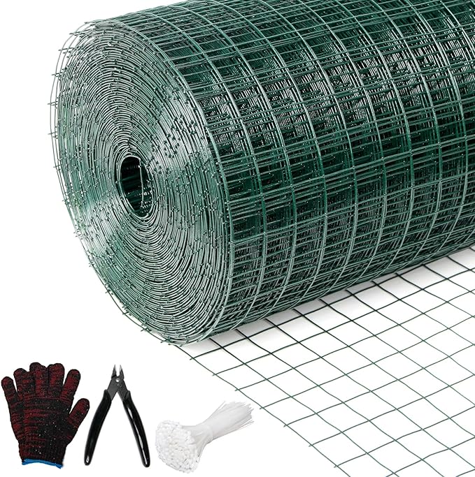 Hardware Cloth 1/2inx 48in x 100ft Chicken Wire, Green Garden Fence, PVC Coated Metal Welded Wire Mesh for Preventing Snakes, Raccoons, Foxes, Poultry Netting