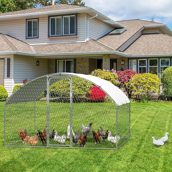 Garvee Metal Chicken Run, 9.8 x 6.5 x 6.5 Ft Metal Chicken Coop for Yard with Waterproof and Anti-Ultraviolet Cover, Dome Roof Walk in Chicken House, Poultry Cage for Hen, Duck and Rabbit