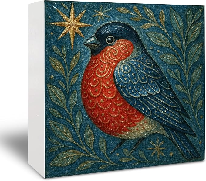 Cardinal Bird Wooden Sign - Navidad Xmas Decoration, Christmas Art Ornament, Bird Christian Wooden Box Sign for Home Kitchen Bathroom Library Table Desk Shelf Decoration, 5x5 Inch