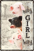 Vintage Pig Decor Gift Metal Tin Sign for Retro Farm Home Kitchen Room Farmhouse Garage Coffee Bar Wall Decor Art Poster Gifts - Hay Girl Hay - 8x12 in