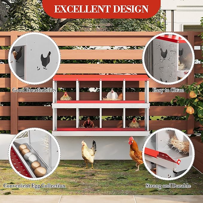 8-Hole Chicken Nesting Box, Rustproof Galvanized Steel Roll-Out Egg Collection with Vented Design, Laying Box for Hens, Poultry Coop Accessories for Egg Layers