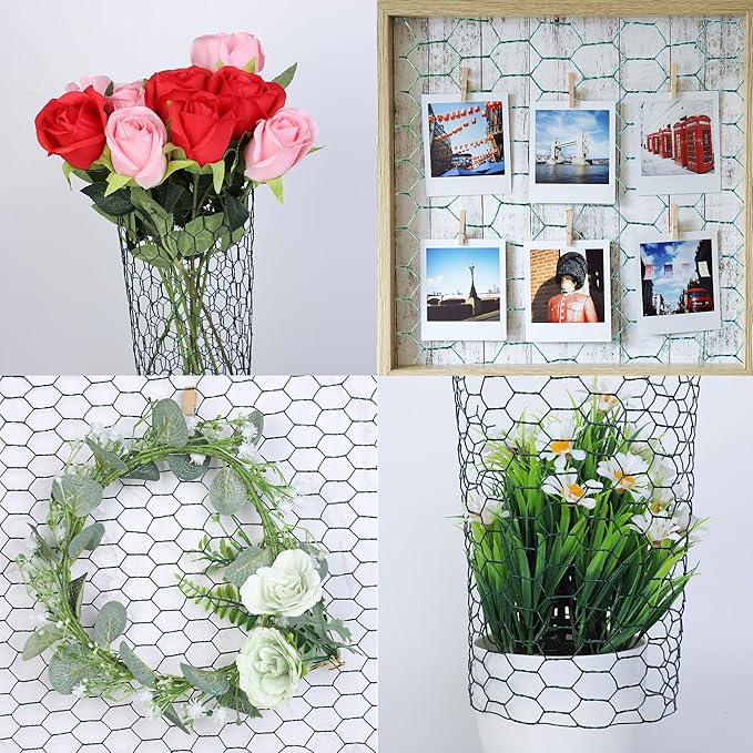 Chicken Wire Netting 16 x 236 Inch Green Hexagonal Galvanized PVC Coated Fencing Mesh for Garden, Poultry Barrier, Floral Arrangements and Crafts