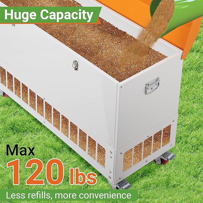 Chicken Feeder with Grille & Wheels, No-Waste 120LBS Capacity Feeder w/ 22 Ports for 20 Chickens, Powder-Coated Steel Feeder w/Waterproof Lid, 37.6”x14.6”x26.2”