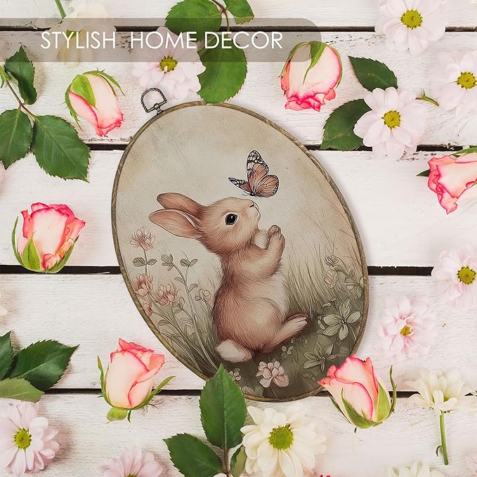 Fewgb Vintage Bunny Oval Wall Art Decor Framed for Rabbit Lovers Gifts, Easter Bunny Canvas Wall Art Prints Picture, Cottagecore Country Hanging Room Decor Artwork for Nursery Gallery Bedroom 9x12