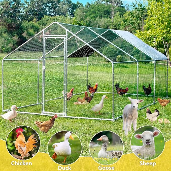 Large Metal Chicken Coop, Chicken Runs for Yard with Cover Walk-in Poultry Cage for 10 20 Chickens, Chicken Pen Duck Coop Hen House with Water-Resident Top and Feeding Door 19.2Lx9.84Wx6.6H FT